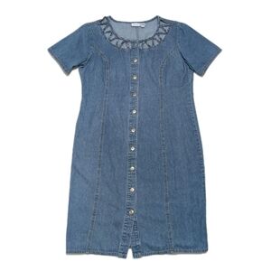 Vintage 70s Together Cutout Button Front Denim Sheath Dress Funky Size 14